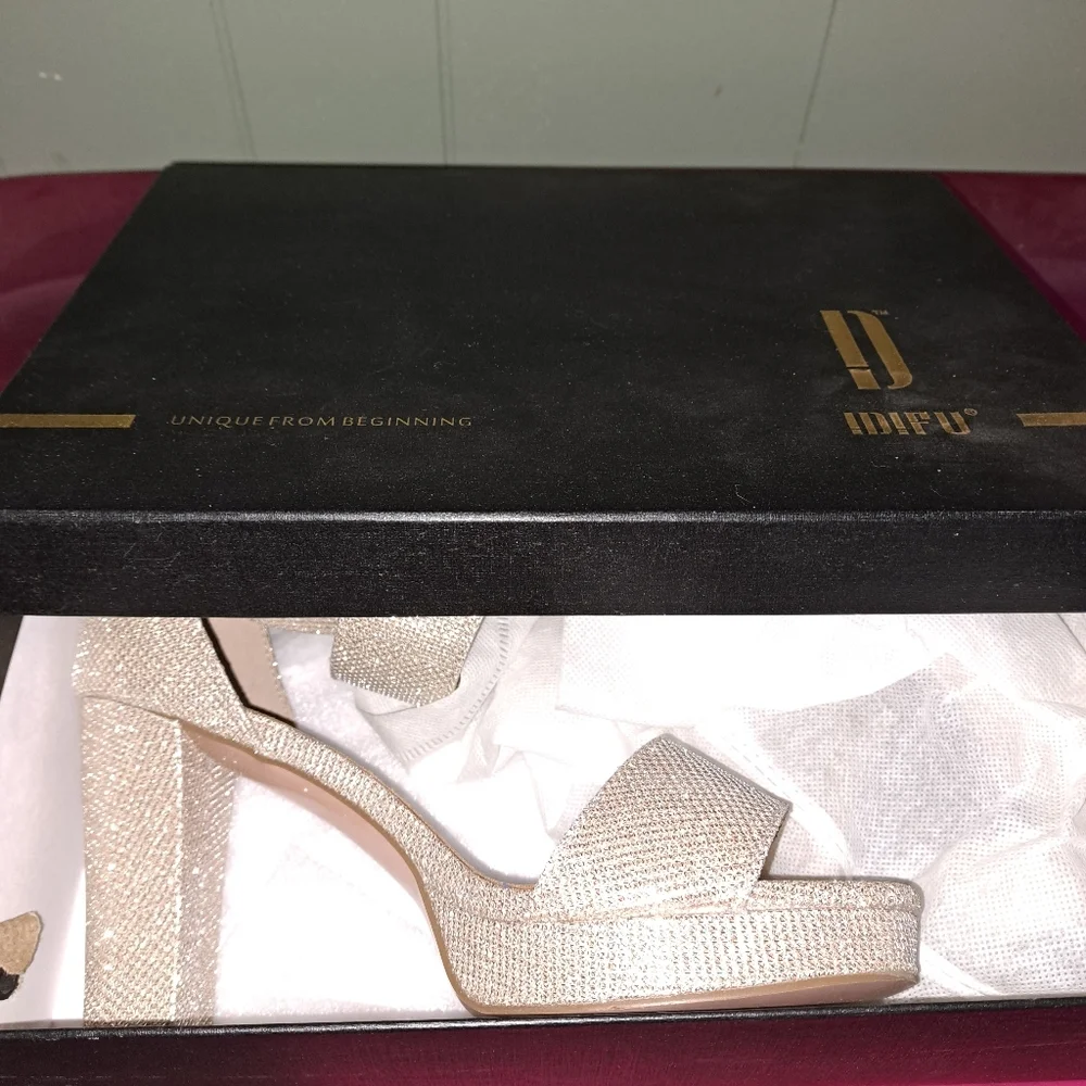 Gold Platform Shoes with Chunky Heel and Ankle Strap